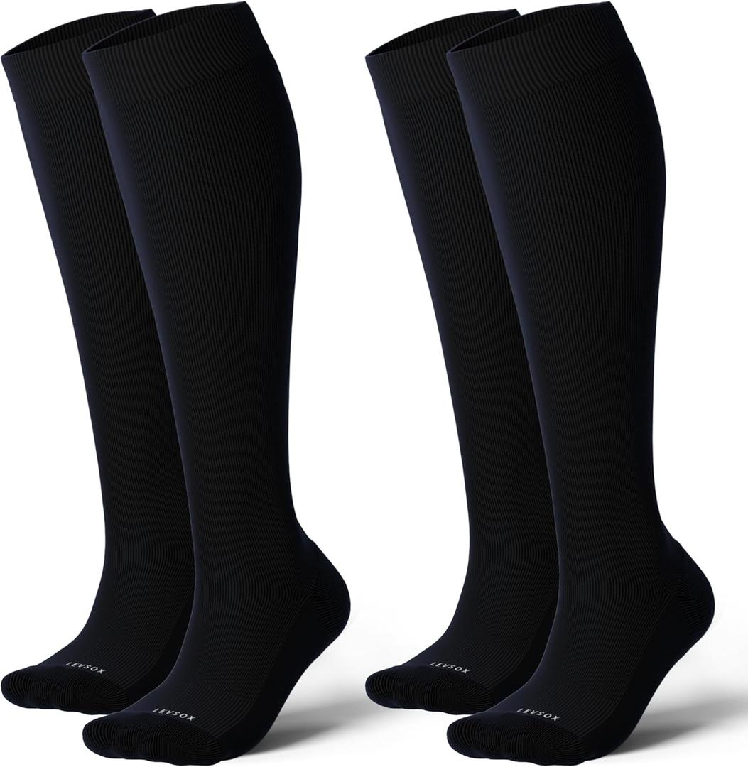 LEVSOX Cotton Compression Socks for Women&Men 20-30mmHg Knee High Cute Support Sock for Nurses Pregnancy Travel (2 Pairs-Black)