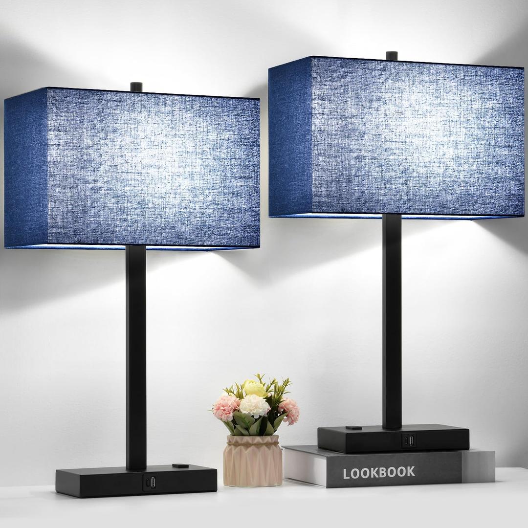Lynnoland 21" Set of 2 Bedside lamp with USB A+C & AC Outlets, Touch Control 3-Way Dimmable Nightstand Lamps for Bedroom Living Room Office Reading, Blue Shade Touch Lamps, 5000K LED Bulbs Included