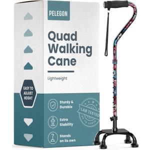 PELEGON Quad Cane (300 lb) - Adjustable Walking Cane with A Large 4 Pronged Base for Extra Balance & Stability, Walking Canes for Seniors, Walking Cane for Men & Women, Walking Sticks (Flowers)