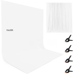 10X20ft White Photo Backdrops for Photography, LCUIRC Two Rod Pocket Backdrops Curtain for Parties, Polyester Background with 4 Clamps for Product Protrait Photoshoot or Parties Decoration