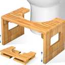 KingPavonini Bamboo Toilet Stool Squat 7in & 9in Adjustable Heights, Foldable Potty Stool for Adults with Non-Slip Layer to Improve Bathroom Posture and Comfort, 400 lbs Capacity (Wooden)