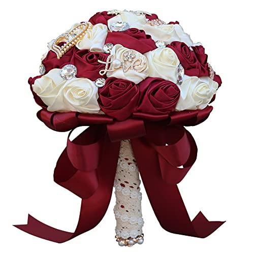 Sharebeauty 5.9 Inch Handmade Satin Rose Bridal Bouquet Toss Round Wedding Bouquet Throw Toss Artificial Flower Bunch Dark Red + Ivory