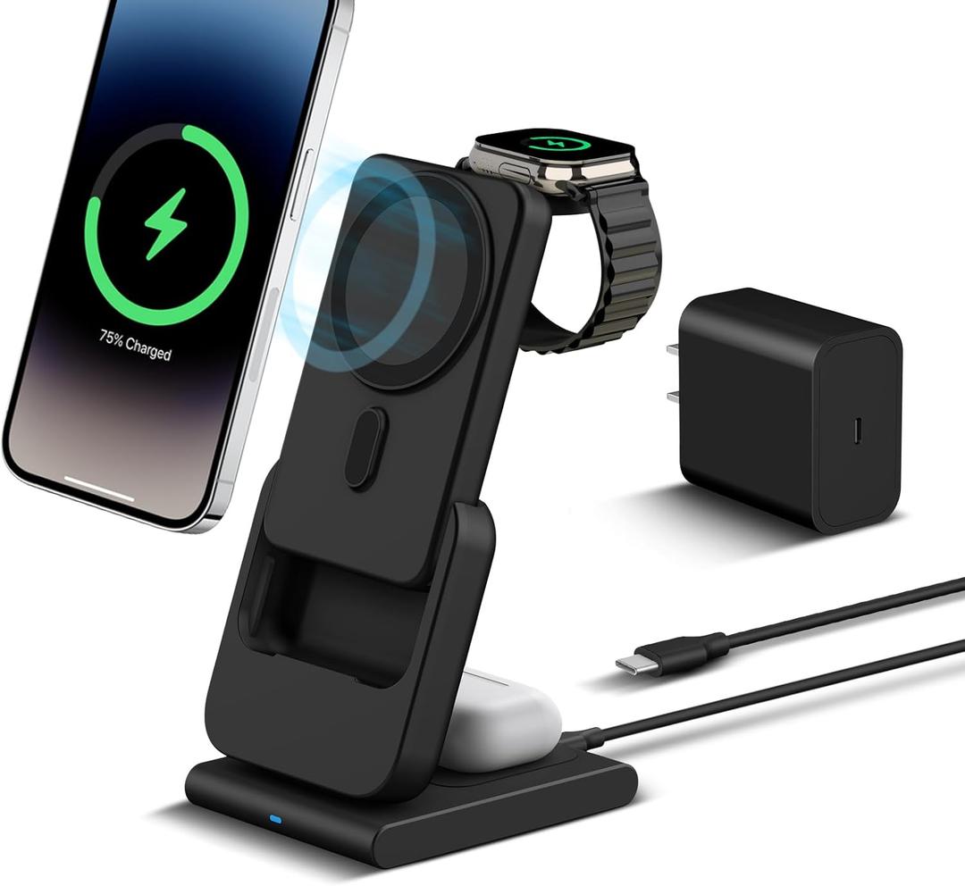 DDUAN Foldable Wireless Charging Station: 3-in-1 Mag-Safe Charger Stand with 5000mAh Portable Power Bank for iPhone 16/15/14/13/12 - Removable Battery Pack for Apple Watch (Black)