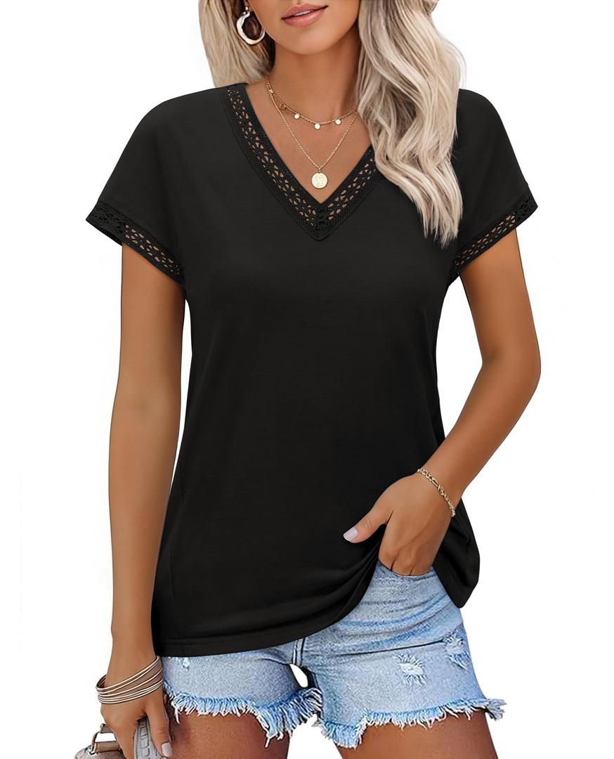 Boho Black Tops for Women Cap Sleeve Lace Shirts Dressy Night Out Short Sleeve Shirts Casual Summer Clothes V Neck Blouses Cute Womens Business Professional Outfits (Black, XL)