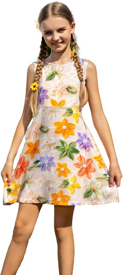 RONGTAI Girls Sleeveless Dress Round Neck 5D Floral Printed Sundress for Casual Party Beach Little Girl 2-12 Years (4-5T)