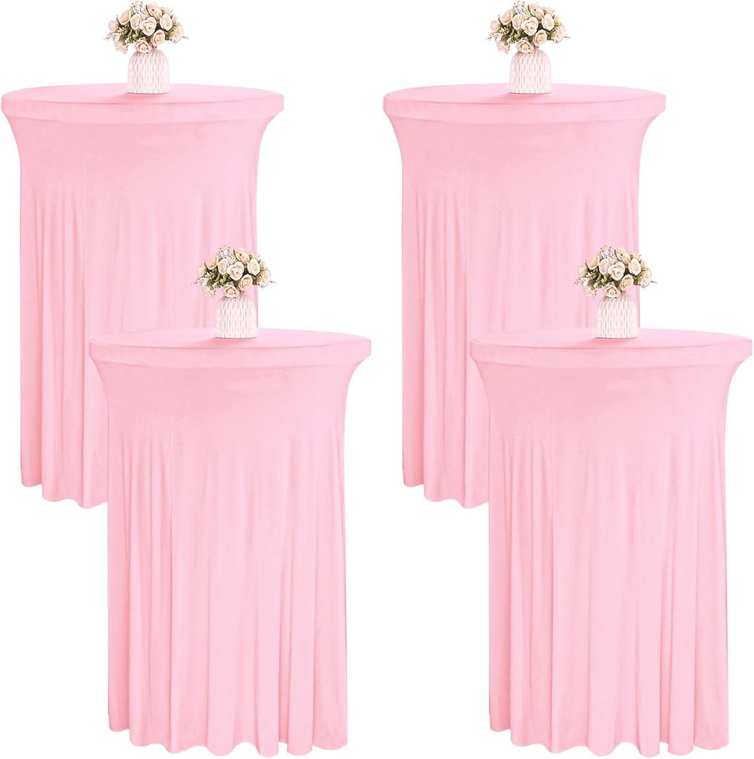 4 Packs 32 x 43 Inch Spandex Round Cocktail Table Skirts Stretch Cocktail Table Cover Fitted High Top Tables for Wedding Bar Party Banquet (Pink)