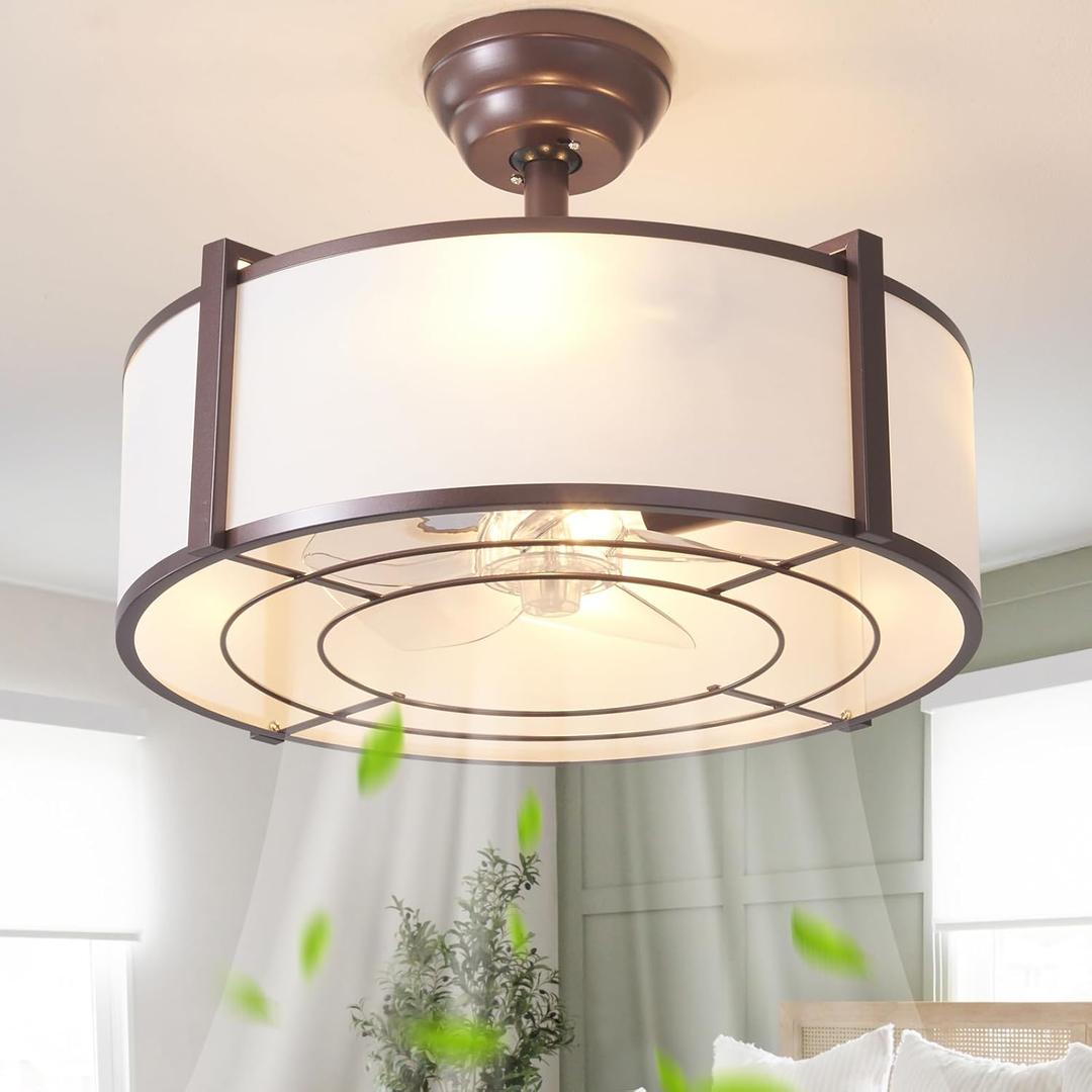 20" Brown Fandelier Ceiling Fans with Lights, Boho Rattan Ceiling Fan with Light Remote Control, Caged Mid-Century Modern with 6 Speeds for Bedroom, Nursery, Living Room