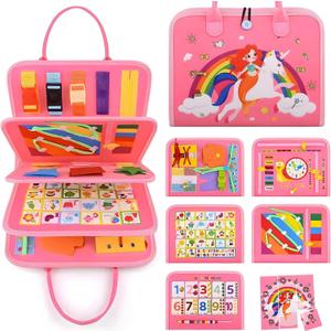 Busy Board for Toddlers 1-3 Sensory Busy Book for 1+ Year Old Boys Girls Montessori Learning Activity Books Birthday Christmas Toddler Gift (Pink)