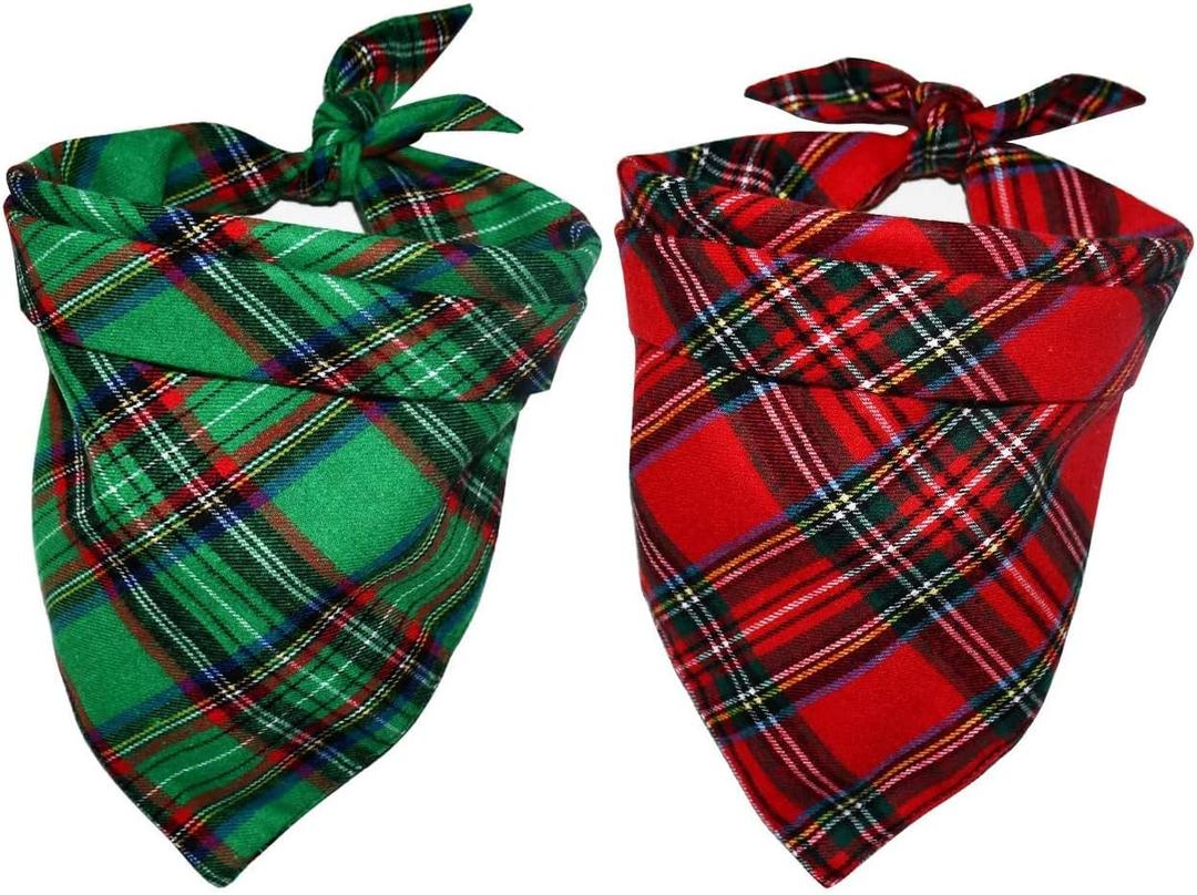 Malier 2 Pack Dog Bandana Christmas Classic Plaid Pets Scarf Triangle Bibs Kerchief Set Pet Costume Accessories Decoration for Small Medium Large Dogs Cats Pets (Green + Red, Small)
