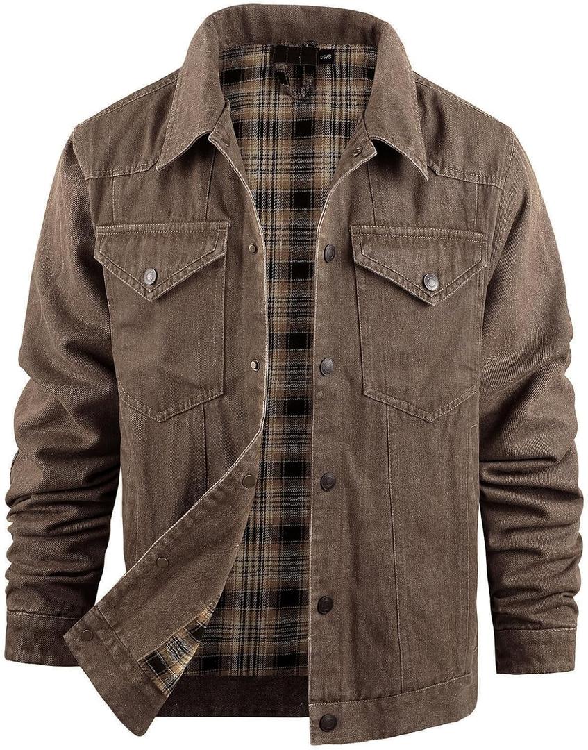 Flygo Mens Flannel Lined Denim Jacket Snap Cowboy Cut Western Classic Slim Fit Vintage Heavy Duty Jacket Trucker Coat (Medium, Brown)