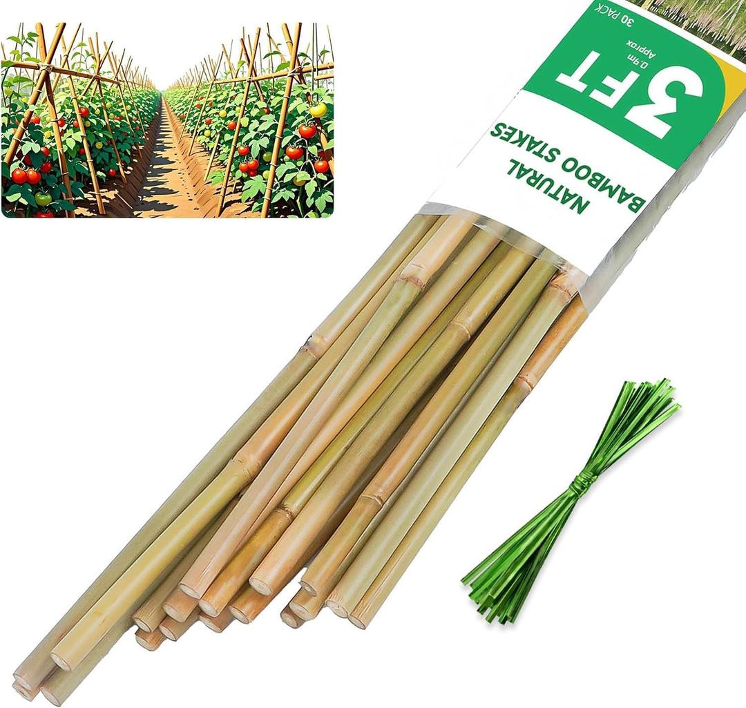3ft Natural Bamboo Plant Stakes for Tomatoes, Beans, Flowers, Potted, Climbing Plants 30pcs