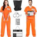 RUODON Prisoner Costume Women Men Halloween Orange Adult Jail Inmate Prison Outfit with Handcuffs Mug Shot Uniform Set (Large)