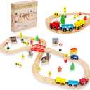 60Pcs Train Set for Toddlers, Bridge & Double-Side Wooden Train Set Tracks, Fits Brio, Thomas, Melissa and Doug, Kids Gift Toys for 3 4 5 Years Old Boys Girls (61pcs)