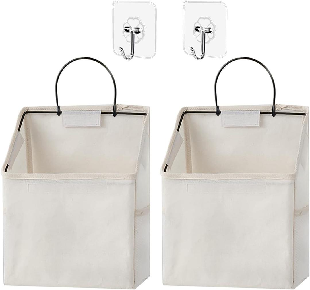 2 Pack Wall Hanging Storage Bag, Hanging Organizer Bag with Sticky Hook, Wall Organizer for Dormitory Bathroom Bedroom Kitchen (White)