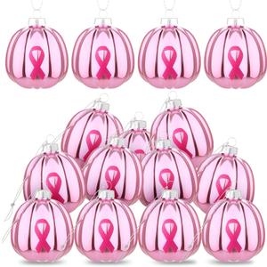 12 Pcs Breast Cancer Christmas Ornaments for Tree Pink Hanging Pumpkins Pink Ribbon Tree Ornaments Breast Cancer Awareness Decorations for Home Xmas Party Decor Gifts