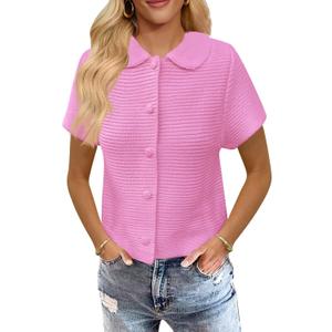 Saodimallsu Womens Short Sleeve Cropped Cardigans Casual Summer Button Down Collared Lightweight Loose Knit Sweater Top (Small, Pink)