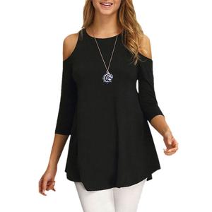 Afibi Womens Cold Shoulder 3/4 Sleeve Swing Tunic Tops for Leggings (X-Large, Black) (Black, XL)