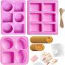 3Pcs Silicone Soap Molds for Soap Making with 50 Bags, 50 Tags, 66Ft Jute Twine, Round Square Oval Flower Soap Molds