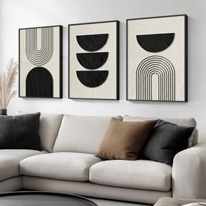 Framed Boho Wall Art for Living Room, Large 3 Piece Neutral Geometric Black and Beige Abstract Pictures Wall Art Decor, Farmhouse Vintage Artwork Home Decor for Hallway Office Guest Room 24x36 Inch