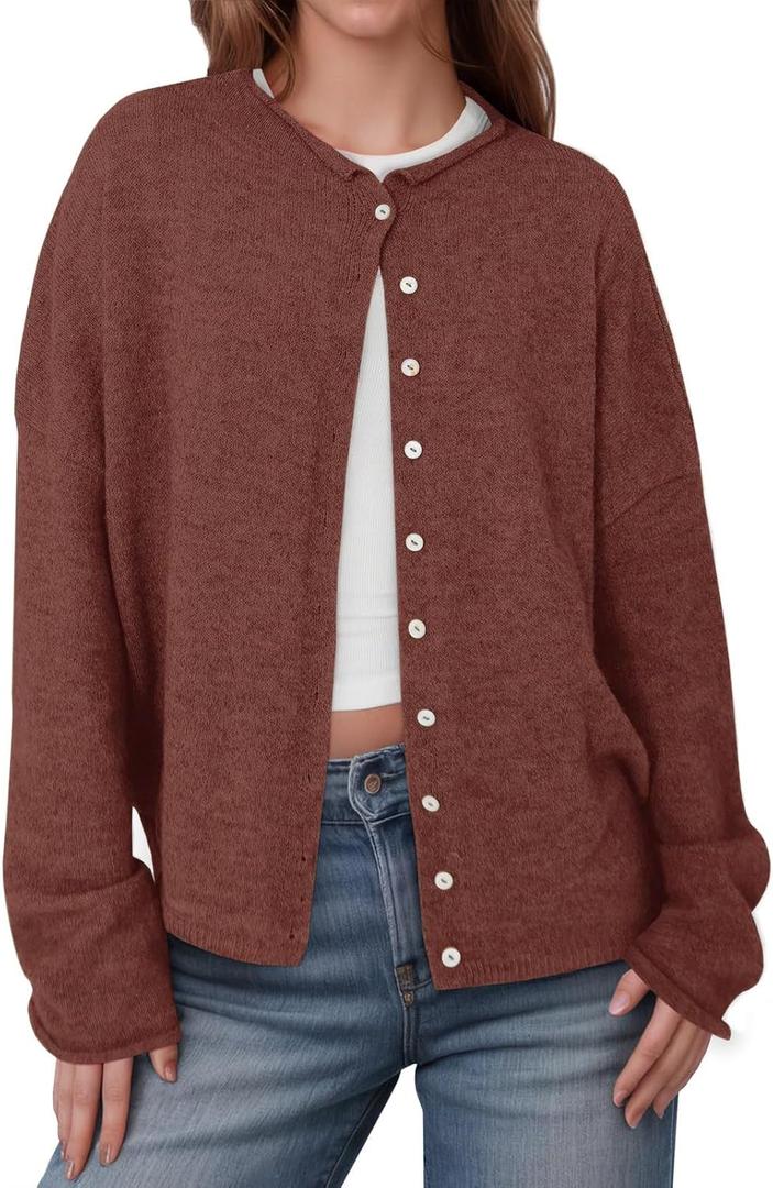 Womens Button Up Cardigan Sweaters Trendy Lightweight Soft Long Sleeve Knit Loose Sweater 2025 Early Fall Outfits (Medium, Brown)
