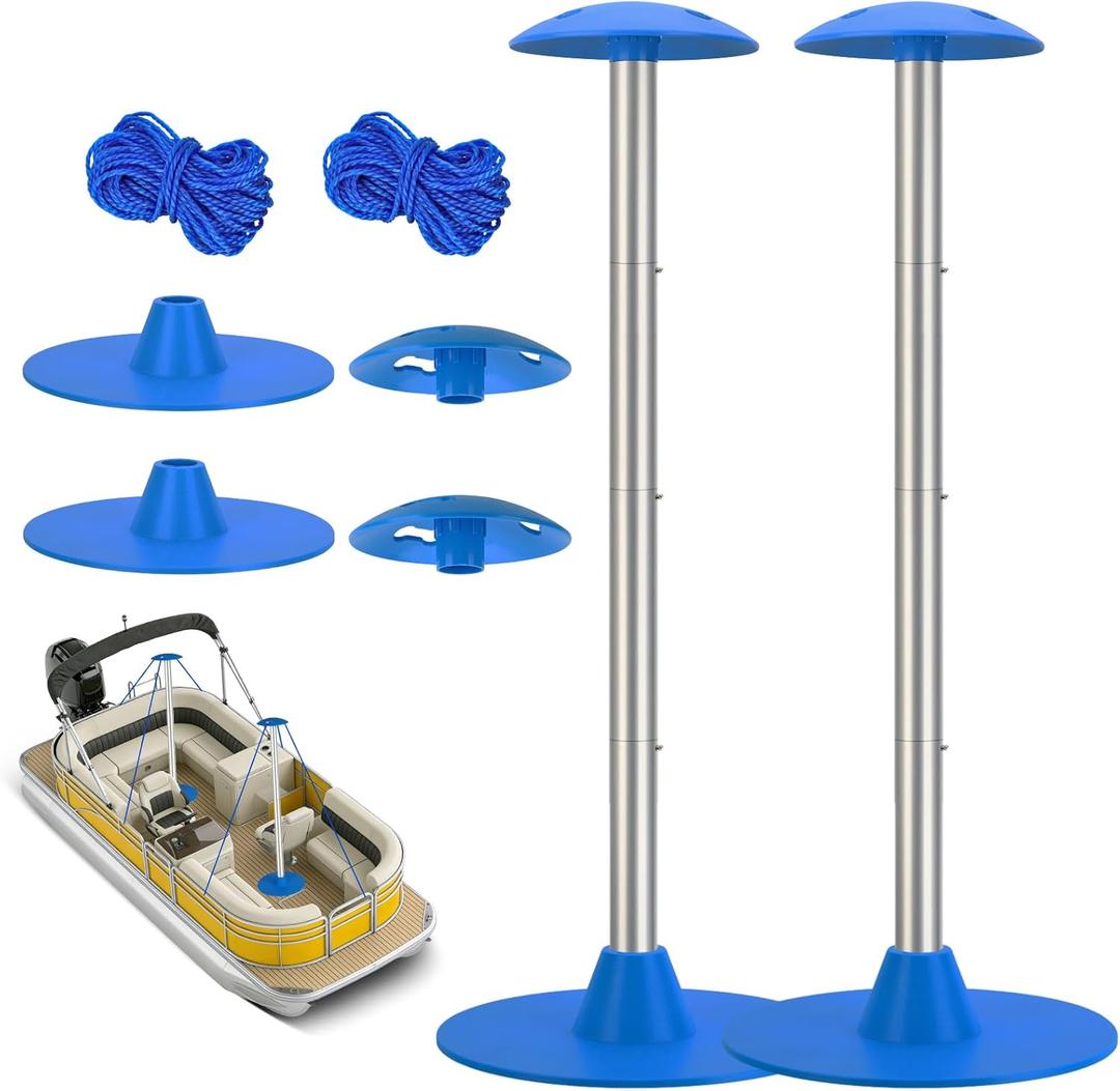 Boat Cover Support Pole Systems with Anti-UV PE Ropes & 9" ABS Base, Highly Stable Windproof Support Pole - Adjustable 1-1/8" in Diameter for V-Hull/Pontoon/Jon Boat Cover, Blue, 2 Pack