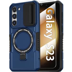 Magnetic Case for Samsung Galaxy S23 5G, with Ring Stand [Glass Screen Protector] [Compatible with MagSafe] Military Grade Case with Camera Cover, Shockproof Cover for Samsung S23 5G 6.1 inch, Blue