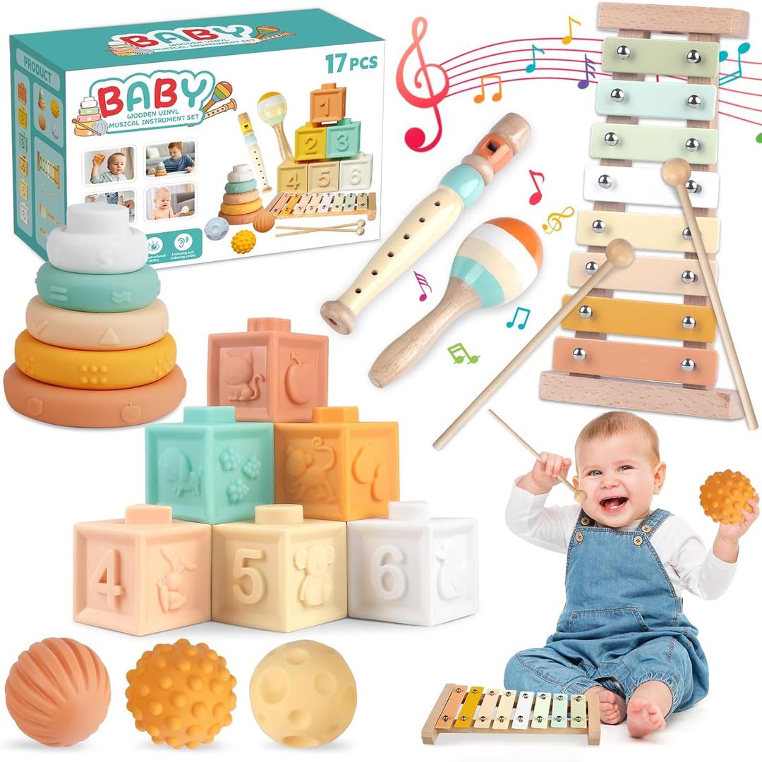 Montessori Baby Toys for 6-12 Months 1+ Year Old 6 in 1 Musical Instruments for Toddler Stacking Blocks Rings Development Learning Educational Toy with Wooden Xylophone for 1 Year Old Boys Girls