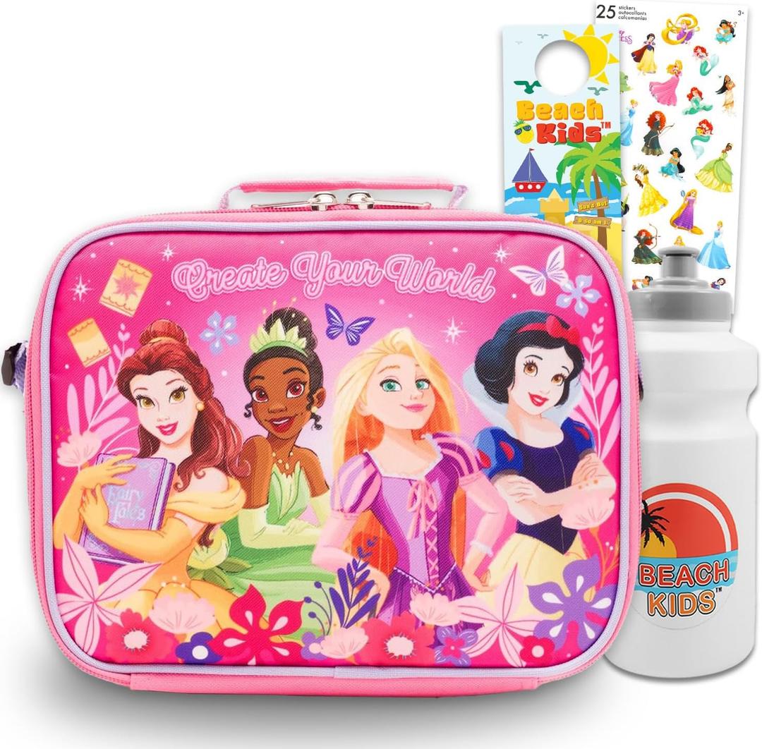 Disney Princess Lunch Box for Girls - Bundle with Lunch Bag Featuring Belle, Tiana, Rapunzel, Snow White Plus Stickers, Water Bottle, More | Disney Princess Lunchbox Set for Kids