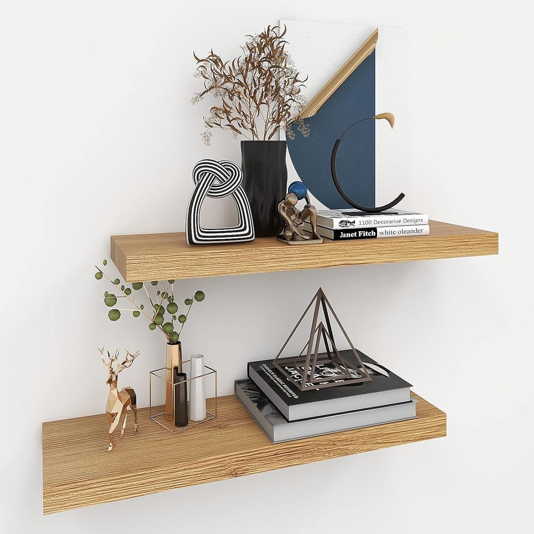INHABIT UNION Oak Floating Shelves for Wall24in Wall Mounted Display Ledge Shelves Perfect for Bedroom, Bathroom, Living Room and Kitchen Decoration Storage (Oak, Set of 2)