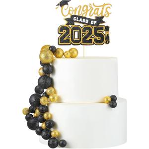 Zhehao 31 Pcs Graduation Cake Topper Class of 2025 Cake Topper Mini Balloon Black and Gold Decorations for Anniversary Party