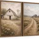 Farmhouse Wall Art Set of 2, Vintage Rustic Barn Landscape Canvas Prints, 16x24 Inches