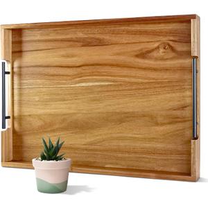 22 Inches Acacia Wood Serving Tray with Metal Handles, Large Wooden Rectangle Ottoman Tray, Decorative and Durable Design for Living Room Coffee Table Couch Kitchen