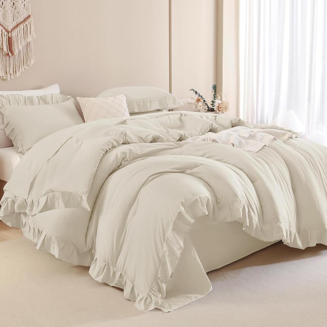 Andency Beige Comforter Set Queen Size, 3 Pieces Shabby Chic Ruffle Bedding Comforter Sets for Queen Bed, Lightweight Fluffy Soft Microfiber Farmhouse Comforter Set (Queen (90"x90"))