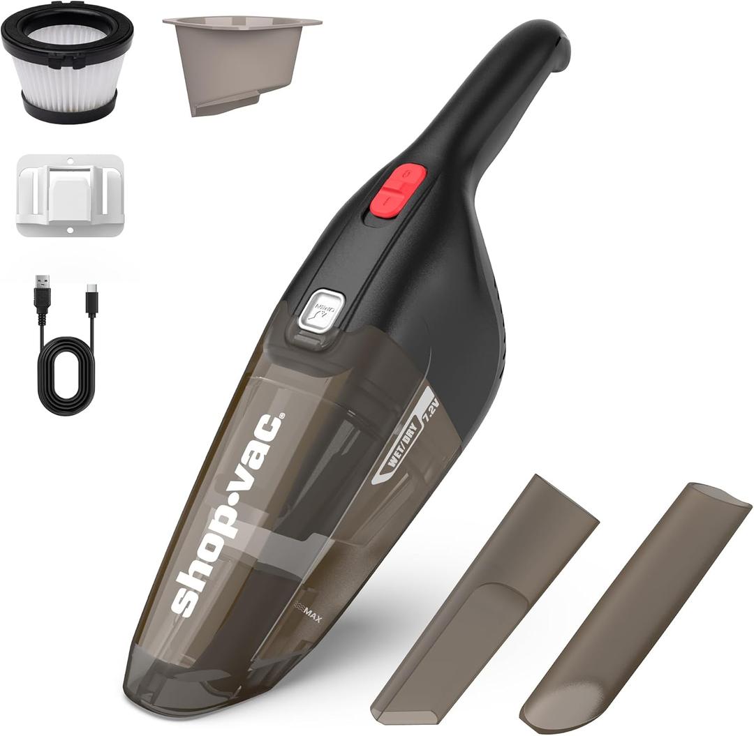 Shop-Vac Wet/Dry Handheld Vacuum, Powerful Small Vacuum Cordless Rechargeable, Wall-Mounted Hand Vac with Crevice Tool, Portable Vacuum for Home & Car, Lightweight & Compact, Black