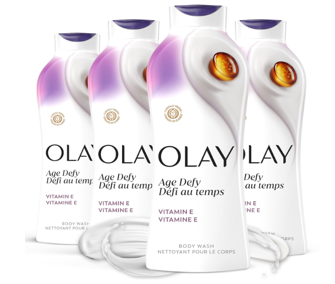Olay Body Wash for Women, Age Defying with Vitamin E, 24hr Moisturizing, Hydrating & Refreshing, B3 Vitamin Complex, Free of Parabens & Phthalates, for All Skin Types, Scented, 22 fl oz (Pack of 4)