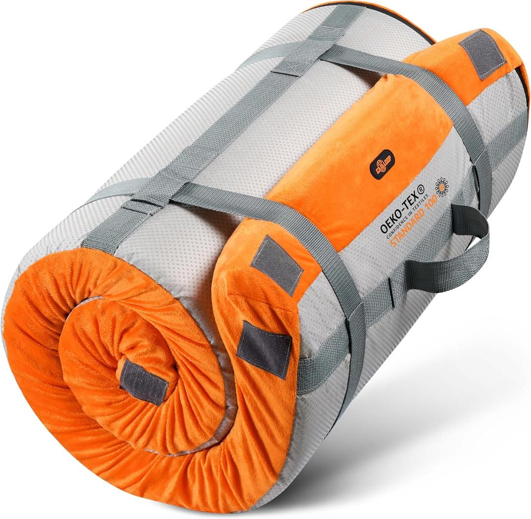 3 Inch Memory Foam Camping Mattress, Dual Layer Thick Sleeping Camp Pad for Car Tent Cot, Roll-Up Portable Glamping Floor Bed for Guests Sleepover (Twin XL: 80*38*3", Honey Orange)