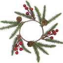 12 Pack Christmas Greenery Candle Rings, Christmas Candle Rings Wreaths with Red Berries and Pine Cones, Xmas Table Decorations Holiday Centerpieces for Tables