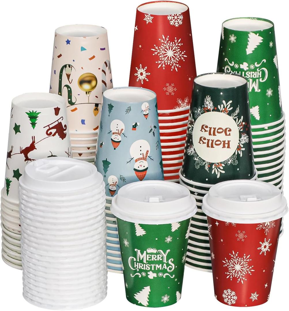 Christmas Disposable Coffee Cups with Lids, 60 Pack 12 Oz To Go Coffee Cups,6 Designs Christmas Coffee Drinking Paper Cups for Hot Chocolate, Hot Cocoa, Xmas Dinner Party