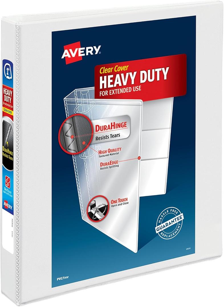 Avery Heavy-Duty View 3 Ring Binder, 1" One Touch Slant Rings, Holds 8.5" x 11" Paper, 1 White Binder (05304)
