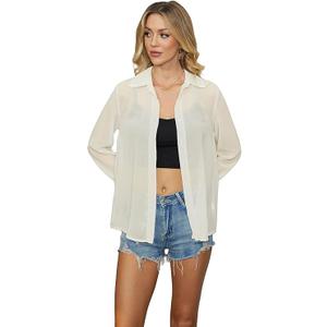 OYOANGLE Women's Mesh Sheer Long Sleeve Shirt See Through Button Down Blouse Top (Black, M)