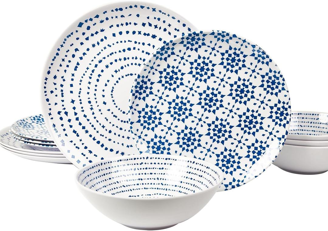 Melamine Dinnerware Set of 12 Pcs Dinner Dishes Set Bowls and Plates for Indoor and Outdoor with Unbreakable Non-breakable Lightweight Dining Tableware (Geometric)