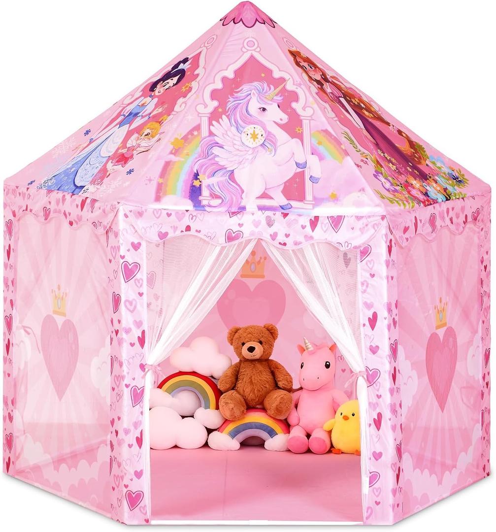 Hexagon Princess Play Tent for Girls, Large Indoor Castle Playhouse with Carrying Bag, Dreamy Reading Nook and Imaginative Play Space, Birthday, Valentines, Easter Gift idea for Kids Ages 38 (Unicorn Pink)