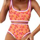 Herseas Women's Bikini Sets Floral Print Whip Stitch 2 Piece Swimsuits High Waisted Scoop Bathing Suits (Large)