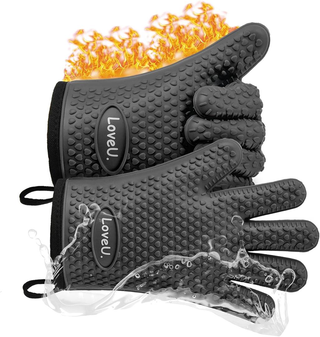 Kitchen Oven Gloves - Dual-Layer Heat Resistant Grilling Gloves, Silicone Oven Mitts with 5 Fingers, Waterproof Non-Slip Pot Holder for Barbecue, Cooking, Baking (Black) (One Size Fits Most)