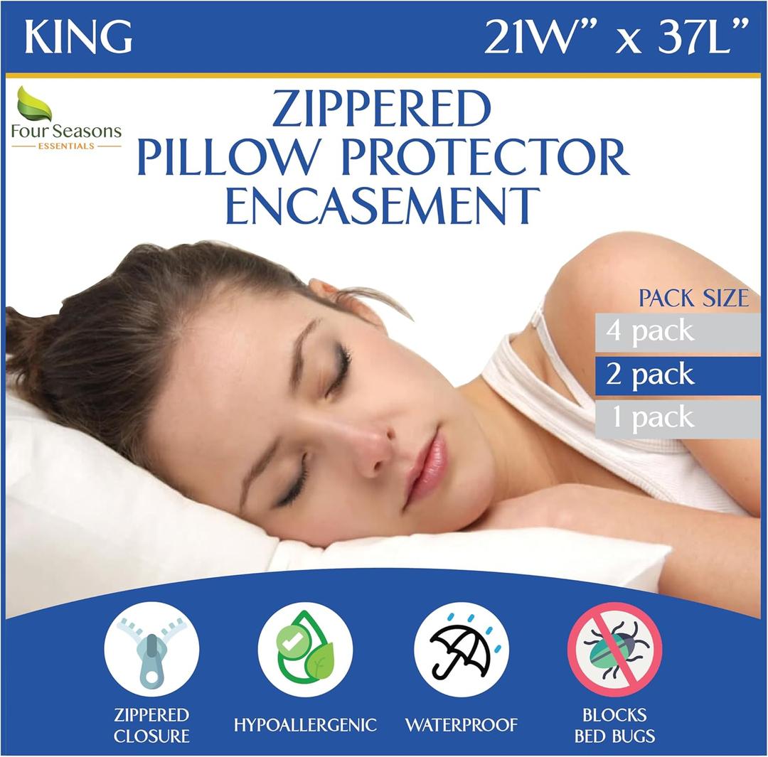 Four Seasons Essentials Waterproof King Pillow Protectors (Set of 2)  Zippered Pillow Cover Hypoallergenic Dust Allergy Proof Encasement