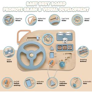 KEU Car Toddler Busy Board – Montessori Busy Boards for Boys & Girls – 10-in-1 Wooden Sensory Board with Steering Wheel, Locks, Keys, and Gears – Travel Baby Busy Boards for Learning & Fun