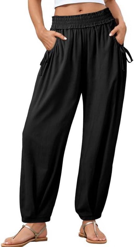 Dokotoo Women Linen Wide Leg Pants Casual Elastic Waist Lounge Palazzo Harem Pants with Pockets M