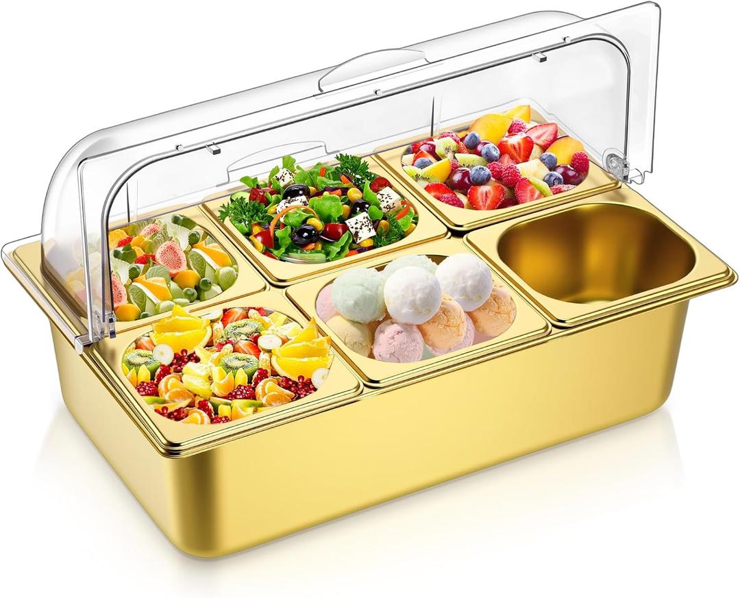 Ziliny Countertop Food Serving Display Container Clear Roll Top Cover 6 Pan Stainless Steel Ice Food Buffet Server Salad Bar Pizza Topping Station Condiment Dispenser Restaurant Kitchen Party(Gold) 22.05"L x 14.96"W x 10.63"H
