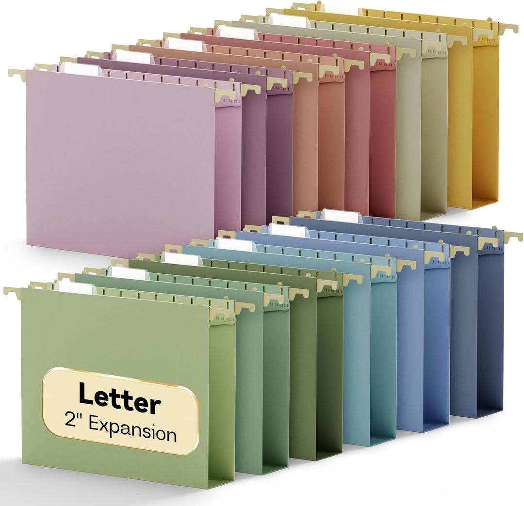 Plastic Extra Capacity Hanging File Folder Letter Size,Heavy Duty 2" Expandable File Folder with Tabs,Reinforced Job File Cabinet Folders,12 Pack Pastel Hang Folder for File Box Drawers Frame