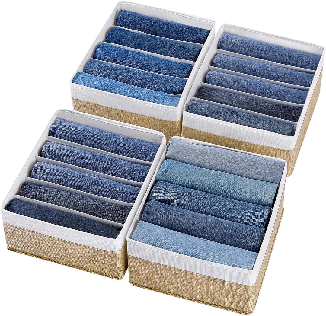 Jeans Drawer Organizers for Clothing,5 Grids Compartment Wardrobe clothes organizer,Fabric Washable Closet Organizers and Storage Bins for Jeans,Pants,Bra,Legging,T-Shirt-BeigeWhite